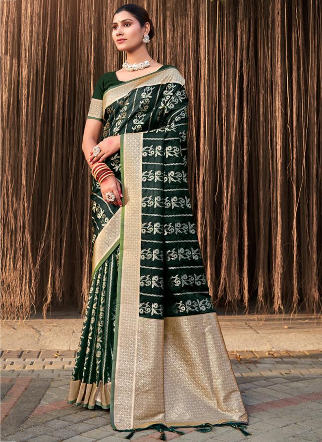 Satin Silk Bottle Green Traditional Wear Weaving Saree